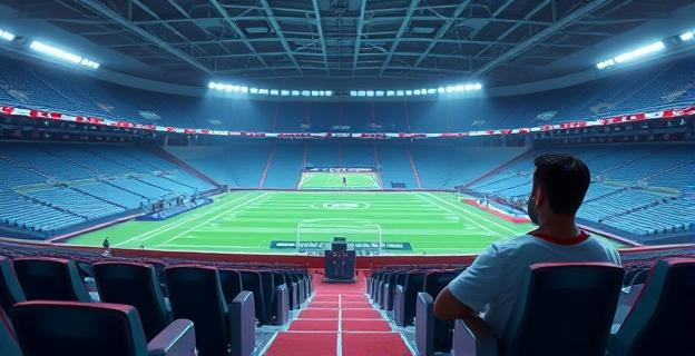 Imagen de un estadio de fútbol vacío con un hombre sentado en una zona vip con un televisor mostrando una jugada de fútbol