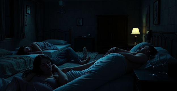 Una escena oscura y sórdida de un prostíbulo clandestino con mujeres exhaustas durmiendo en el suelo, mientras un hombre yace inconsciente en una cama, con una copa de vino vacía en la mesa de noche. Al fondo, cámaras de seguridad vigilan el entorno.