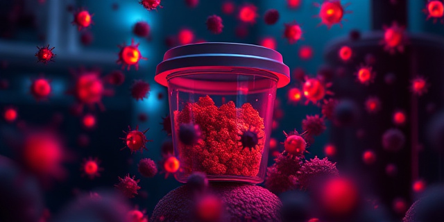 Ilustración abstracta y oscura que representa un táper de comida en un entorno microscópico. Bacterias de colores brillantes y formas amenazantes se multiplican alrededor del táper, creando una atmósfera de peligro y tensión. El fondo debe ser difuminado y sugerir un laboratorio o un entorno científico. Estilo: arte digital, bioluminiscencia, colores contrastantes.
