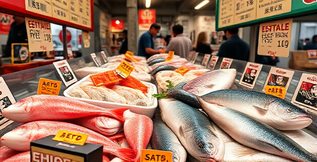 Un mercado de pescado abarrotado con productos etiquetados de manera sospechosa, mostrando una mezcla de pescados frescos y procesados con colores artificiales para simular frescura.
