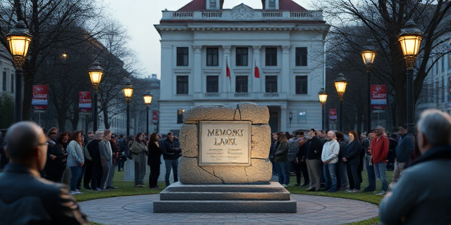 Un monumento de piedra en medio de un parque urbano, iluminado por faroles, con una multitud de vecinos alrededor. El fondo muestra el edificio de la sede municipal, con carteles que indican la ley de memoria. La escena transmite tensión y defensa de la memoria histórica.