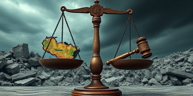 Una ilustración conceptual y surrealista que muestra una balanza de justicia antigua y oxidada donde un lado es un mapa de Venezuela agrietado por un terremoto y el otro es un mazo de juez, con un fondo de escombros grises y un cielo tormentoso, estilo óleo dramático.
