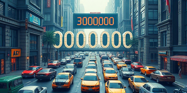 Una ciudad futurista con calles llenas de coches antiguos circulando libremente, mientras un contador gigante muestra la cifra de 