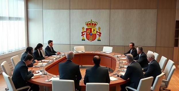 Imagen de una sala de reuniones con varios políticos sentados alrededor de una mesa, con documentos y micrófonos. Al fondo, un escudo de España