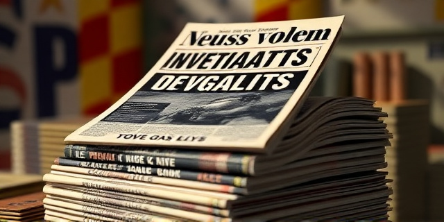 Una pila de revistas antiguas, con una portada destacada en blanco y negro que evoca el espíritu rebelde y provocador del periodismo de investigación. Fondo difuminado con elementos que sugieren la transición democrática en España. Estilo fotorealista con una iluminación dramática.