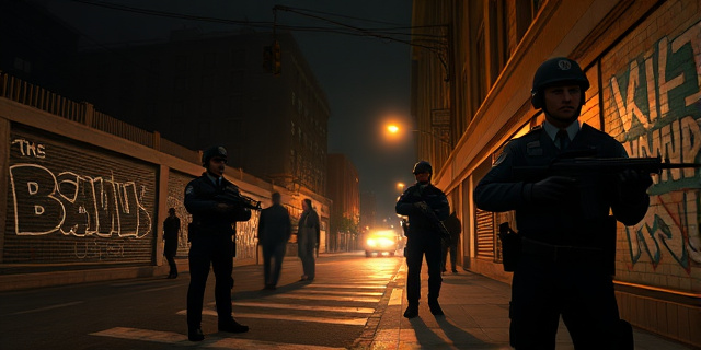 Una escena nocturna en una calle de la ciudad, con patrullas policiales equipadas con subfusiles CZ Scorpion EVO3 A1, luces de tráfico parpadeantes y grafitis en las paredes. En el fondo, las sombras de edificios y la presencia de gente desplazada en la acera, sin rostros identificables, transmitiendo tensión y la sensación de un entorno urbano bajo vigilancia.