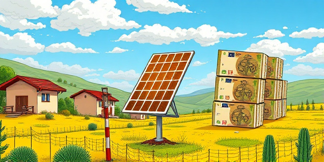 Una ilustración satírica que muestra un campo de cultivo tradicional español con un panel solar dorado y brillante clavado en la tierra como si fuera una bandera de conquista. Al fondo, un fajo de billetes de euros transformándose en ladrillos de construcción, con un estilo de dibujo editorial de periódico, colores contrastados y un toque de ironía visual.