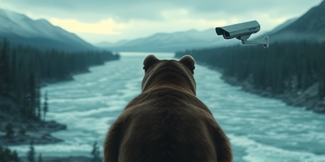 Una ilustración conceptual y dramática de un paisaje salvaje de Alaska con un río caudaloso. En primer plano, la silueta imponente de una osa parda mirando hacia el horizonte, mientras que al fondo se ve una cámara de vigilancia tecnológica y fría, creando un contraste entre la naturaleza brutal y la observación digital humana. Estilo artístico cinematográfico, colores fríos y atmósfera melancólica.