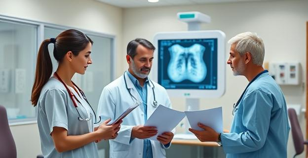 Imagen de un hospital con personal sanitario revisando historiales médicos en un entorno de oficina, con una mamografía en un visor de luz al fondo