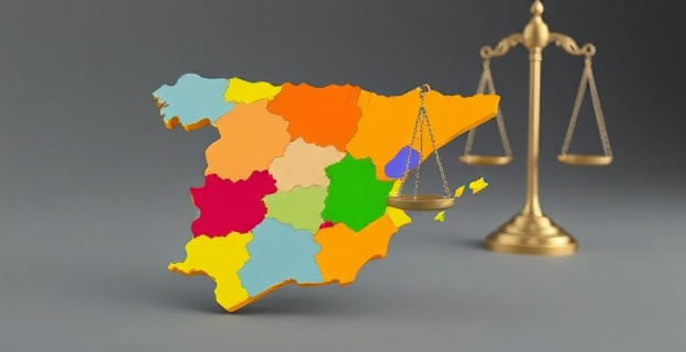 Una imagen que represente un mapa de España con diferentes regiones resaltadas en distintos colores, simbolizando el reparto desigual de fondos. En el fondo, una balanza que inclina hacia un lado, representando el favoritismo hacia ciertas comunidades autónomas.