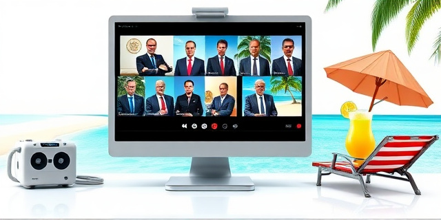 Una ilustración satírica que muestra una pantalla de ordenador con una videollamada llena de ministros serios, mientras que el reflejo de la pantalla muestra una playa paradisíaca, una tumbona y un cóctel tropical. Estilo editorial de revista política, colores contrastados entre el gris burocrático y el azul turquesa del Caribe.