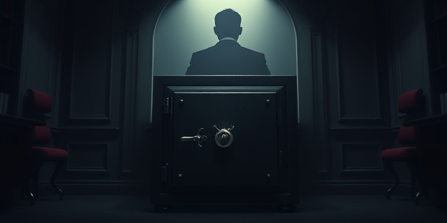 Una caja fuerte antigua, cerrada con candado, en un despacho oscuro y elegante. Sobre la caja, una sombra con la forma de una silueta humana. El ambiente debe evocar misterio y opacidad. Estilo pictórico, óleo sobre lienzo, con tonos oscuros y contrastes de luz.