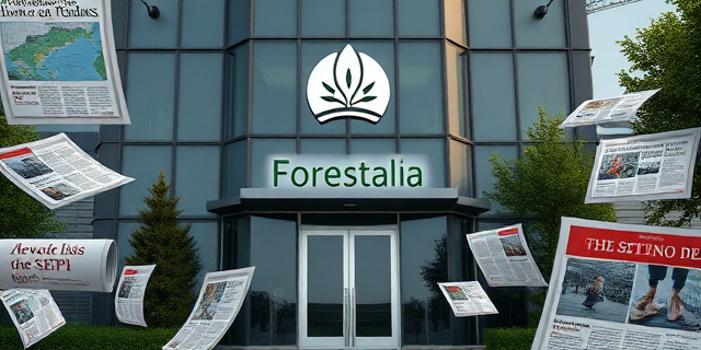 Una imagen de un edificio de oficinas con un logo de Forestalia en la fachada, rodeado de imágenes de noticias y artículos de prensa sobre el caso SEPI y las investigaciones a la empresa.