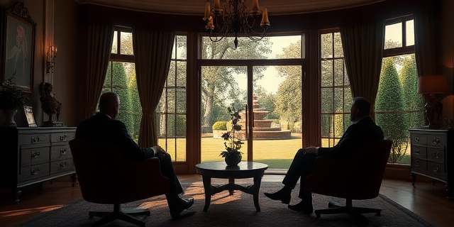 Una reunión secreta en una finca lujosa, con dos hombres sentados en un despacho con vistas a un jardín bien cuidado, rodeados de objetos de decoración elegantes y un ambiente de tensión y secreto