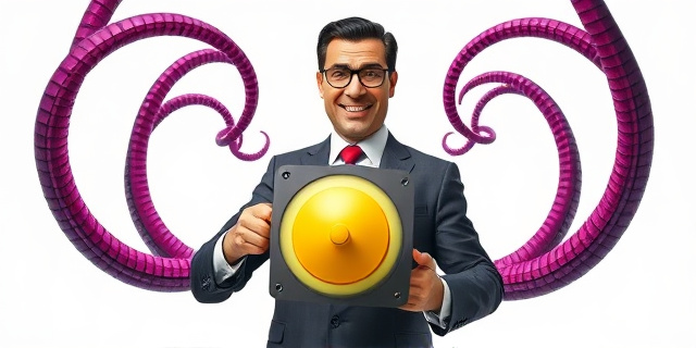 Una ilustración conceptual y satírica. Un hombre de negocios moderno con sonrisa mesiánica sostiene un interruptor dorado gigante, mientras detrás de él, cables de fibra óptica se transforman en tentáculos que abrazan suavemente el globo terráqueo. Estilo editorial de revista económica, colores vibrantes pero con un aire inquietante, fondo minimalista blanco.