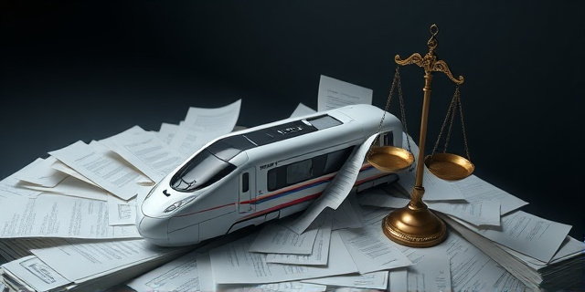 Una maqueta de tren de alta velocidad desmoronándose sobre un laberinto de papeles burocráticos, con una balanza de la justicia inclinándose hacia un lado. Estilo pictórico, colores apagados y contrastados, iluminación dramática.