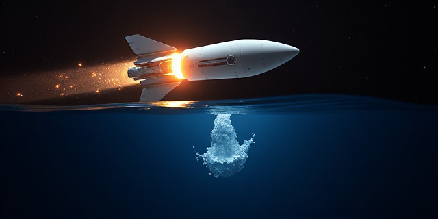 Una ilustración conceptual de un cohete espacial masivo dividida en dos escenas: arriba, el despliegue de pequeños satélites brillantes en la oscuridad del espacio; abajo, un aterrizaje suave y artístico en un océano azul profundo con salpicaduras minimalistas, estilo arte digital moderno y cinemático.