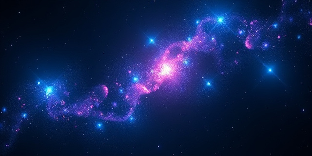 Una representación artística y abstracta de un cúmulo de galaxias donde se vean líneas de flujo magnético brillantes y etéreas, como hilos de seda luminosos que envuelven nebulosas y estrellas, con un fondo oscuro profundo y contrastes de colores eléctrico y violeta, estilo cinematográfico de ciencia ficción.