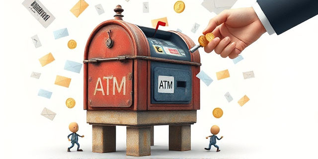 Una ilustración conceptual y satírica. Un buzón de correos antiguo y oxidado que se está transformando en un cajero automático moderno y frío. Alrededor, cartas de papel volando y convirtiéndose en códigos de barras digitales. De fondo, una mano gigante con un traje formal inyectando monedas de oro en el buzón, mientras que en la base, figuras pequeñas y cansadas sostienen la estructura.