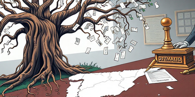 Una ilustración satírica y conceptual. Un árbol genealógico gigante donde las raíces son antiguas y las ramas se extienden infinitamente hacia arriba, transformándose en papeletas de votación que caen sobre un mapa de España. Al fondo, un sello oficial gigante y una pluma estilográfica dorada que firma documentos sobre una mesa de oficina burocrática, estilo caricatura editorial de prensa, colores contrastados y atmósfera irónica.