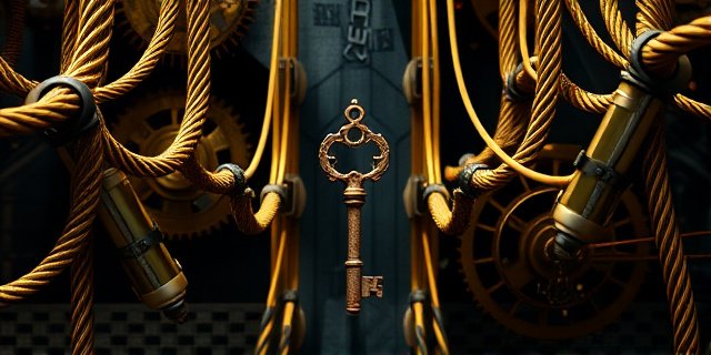 Imagen conceptual que represente un laberinto de cables y engranajes dorados, con sombras oscuras que sugieren corrupción y manipulación. En el centro, una llave antigua oxidada, simbolizando el acceso a secretos ocultos. Colores: dorado, negro, gris oscuro. Estilo: Barroco digital, con texturas detalladas y un ambiente opresivo.