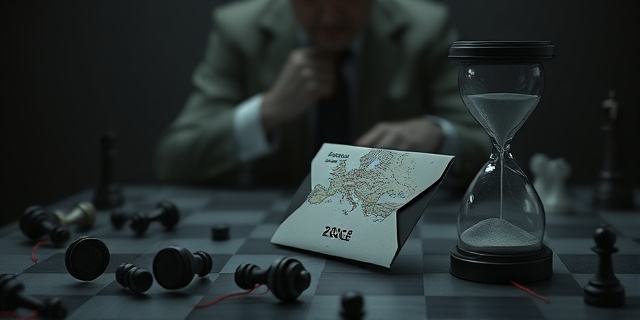 
  Una mesa de negociación oscura y polvorienta, con fichas de ajedrez esparcidas como naipes. Al centro, un reloj de arena invertido (la arena cae hacia arriba) simbolizando la manipulación del tiempo. En primer plano, un sobre con el sello 