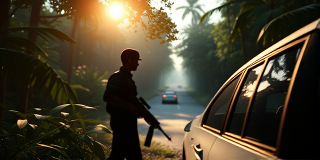 Un soldado pequeño de pie en un rincón de la selva, con un rifle al hombro, bajo un sol que se filtra entre los árboles. Al fondo, una carretera con una pequeña figura cruzando, reflejada en la ventana de un coche. Una ciudad de luces lejanas sugiere la transición de la jungla al caos urbano.