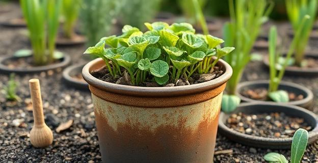 Maceta con plantas y capa de moho siendo tratada con ajo, canela y bicarbonato sódico en un entorno de jardinería