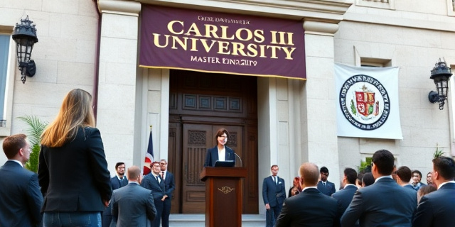 Una ceremonia universitaria en la fachada de la Universidad Carlos III, con un ponente femenino vestida de traje, un gran cartel con el título del máster, estudiantes de ingenierías atentos, y el símbolo del Gobierno en la esquina.