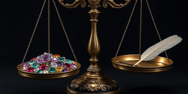 Imagen conceptual de una balanza antigua de la justicia, con una pila de joyas deslumbrantes en un plato y una pluma de escribir rota en el otro. Fondo oscuro y dramático, estilo barroco. No incluir rostros humanos.