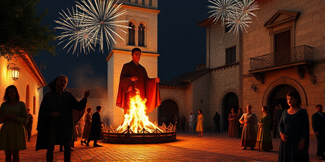 Un patio de iglesia en un pequeño municipio andaluz iluminado por fuegos artificiales, con un gran muñeco de madera de un político que se quema en una quema de Judas, rodeado de personas con ropa tradicional, una calle empedrada y un viejo edificio de piedra al fondo.