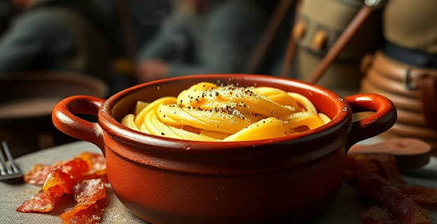 Una olla de barro con pasta humeante rodeada de panceta crujiente, queso rallado y pimienta negra espolvoreada, con un fondo de mineros trabajando en una mina de carbón o soldados aliados en una cocina de campaña.