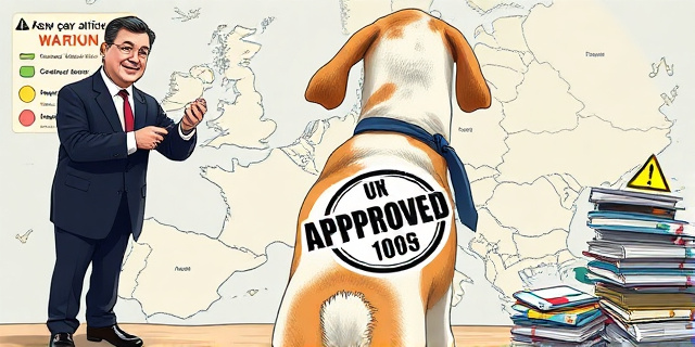 Una ilustración satírica de un perro con un sello oficial de 