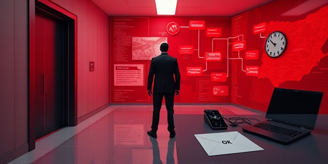 
  Una escena surrealista en un pasillo de oficinas gubernamentales: un hombre con traje oscuro (sin rostro reconocible) camina hacia un ascensor que se cierra lentamente, dejando solo su sombra alargada en el suelo. Al fondo, un mural con gráficos de flujos de dinero (flechas rojas conectando cuentas bancarias, chalés de lujo y mascarillas) se desvanece como un holograma. Sobre una mesa, un sobre con el logo del PSOE y la palabra 