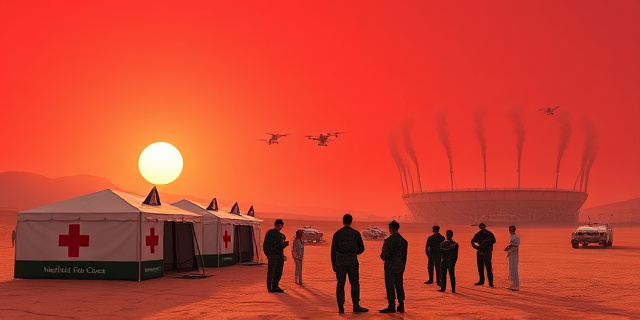 
  Imagen surrealista de un circo militar disfrazado de hospital de campaña en el desierto. Tiendas médicas con logos de la Cruz Roja y banderas de EE.UU. y Marruecos ondeando bajo un sol abrasador. Al fondo, siluetas de tanques y drones calibrados, mientras niños saharauis reciben kits dentales de manos de soldados con guantes quirúrgicos. Un estadio de fútbol futurista (como el de Agadir) en la distancia, con humo de simulacros NBQ dibujando banderas estadounidenses. El cielo, un atardecer rojizo que mezcla el color de la bandera marroquí y el de los billetes de dólar. Sin rostros, solo sombras y uniformes. Estilo: Fotografía documental con toques de magia negra de David Lynch.