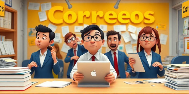 Imagen de una oficina de Correos con trabajadores estresados y clientes frustrados, con un fondo de papeles y documentos desordenados