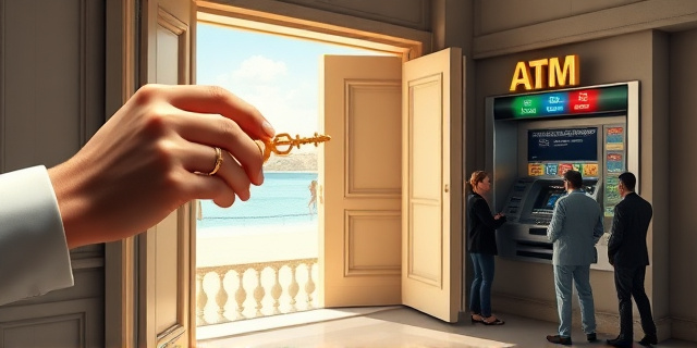 Una ilustración conceptual y satírica. Una mano elegante con un anillo de oro sostiene una llave dorada que abre una puerta abierta de par en par hacia una playa mediterránea, mientras que detrás de la puerta hay una fila de personas esperando frente a un cajero automático que expulsa billetes infinitos. Estilo editorial de revista, colores vibrantes, atmósfera irónica.