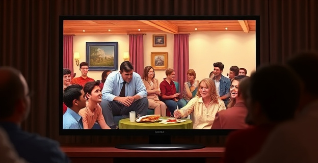 Una pantalla de televisión mostrando una escena cómica con elementos nostálgicos y una audiencia riendo en el fondo