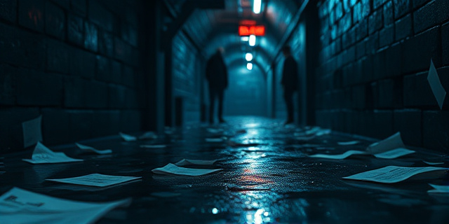 Una alcantarilla oscura y laberíntica, con reflejos de luces de neón que sugieren corrupción y secretos ocultos.  El suelo está cubierto de papeles arrugados y manchas de humedad. En el fondo, una silueta difusa que sugiere una figura observando desde las sombras. Estilo pictórico, dramático, con colores oscuros y contrastes fuertes.