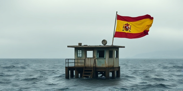 Una mesa de votación abandonada en medio del océano, con una bandera española descolorida ondeando al viento. El cielo es gris plomo y el mar está agitado. En el fondo, se vislumbra una silueta borrosa de una ciudad costera. Estilo pictórico expresionista, colores apagados y texturas rugosas.
