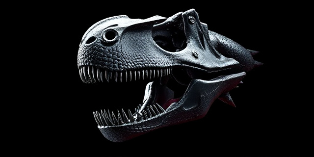 Una composición abstracta que representa una mandíbula de dinosaurio metálica y brillante emergiendo de la oscuridad, con pequeños apéndices vestigiales a los lados. El estilo debe ser futurista y biomecánico, con un uso contrastante de luces y sombras para enfatizar la fuerza de la mandíbula y la insignificancia de los apéndices. Colores: plateado, negro, rojo oscuro.