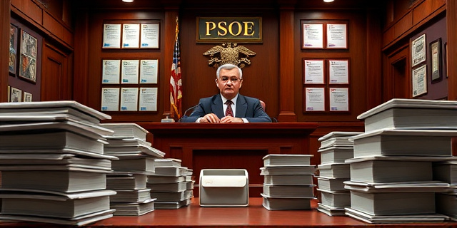 Una escena en un tribunal con montones de sobres y mochilas de dinero, un comisionista con expresión desconcertada, un juez con mirada severa y un fondo de archivos de contabilidad del PSOE. El ambiente combina la tensión de un juicio con la informalidad de un callejón de negocios.