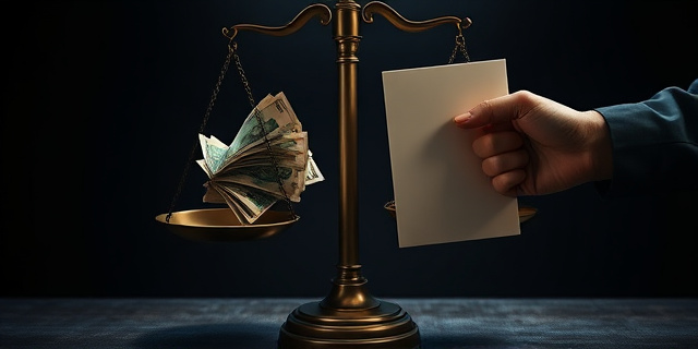 Una balanza de la justicia con una mano llena de billetes y la otra sosteniendo un documento sellado. Fondo oscuro y dramático, con sombras que sugieren intriga y corrupción. Estilo pictórico, cercano al realismo oscuro.