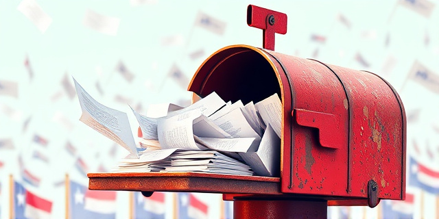 Una ilustración conceptual de un buzón de correo antiguo y oxidado donde salen volando miles de papeles blancos, transformándose en pequeñas banderas de protesta, estilo arte pop con colores saturados y sombras marcadas.
