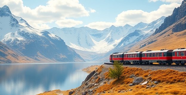 Un tren atravesando un paisaje montañoso con un lago en primer plano y montañas nevadas al fondo