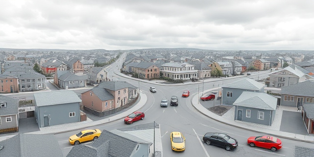 Una ciudad gris con fachadas de casas de tonos neutros, rodeada de automóviles de colores brillantes que contrastan con el entorno monocromo; fondo de un cielo nublado, sin personas, solo sombras de edificios y carreteras.