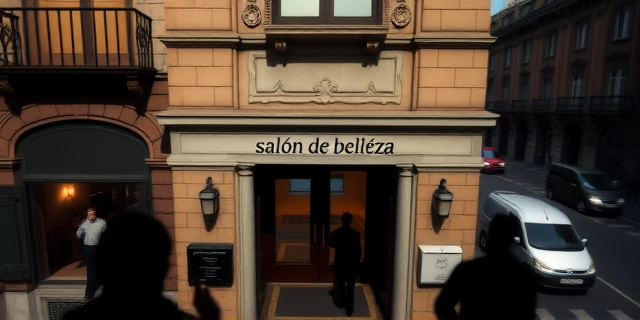 Una vista aérea de un edificio histórico de Madrid con una entrada que lleva a un salón de belleza y sauna. En el fondo se ve una calle con tráfico, sin rostros humanos, pero con sombras que sugieren la presencia de personas que se desvanecen en la penumbra del edificio.
