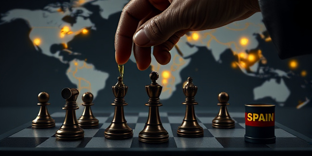 Imagen conceptual de una mano aceitosa extendiéndose sobre un tablero de ajedrez con peones representando torres de telecomunicaciones y barriles de petróleo. El fondo es un mapa difuminado del mundo, con luces brillantes sobre China y España. Estilo pictórico, colores oscuros y contrastados, textura rica y detallada.