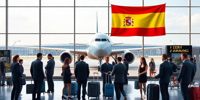 Una imagen de un avión aterrizando en un aeropuerto, con una bandera alemana y una bandera española en el fondo, y un grupo de personas con maletas y pasaportes en la terminal, rodeados de policías y agentes de seguridad.
