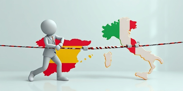 Una ilustración conceptual y satírica de dos figuras políticas abstractas tirando de una cuerda que es en realidad una cinta de seguridad de aeropuerto, dividiendo un mapa de España e Italia. Estilo editorial de periódico, colores contrastados, atmósfera de tensión diplomática, sin rostros reales.